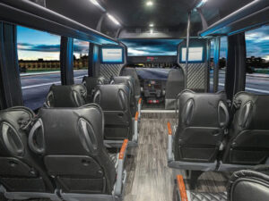 rear to front view interior of a coach bus