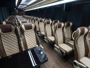 beige interior of coach bus