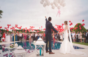 bride and groom waiting in limo