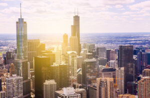 chicago downtown with sun rising